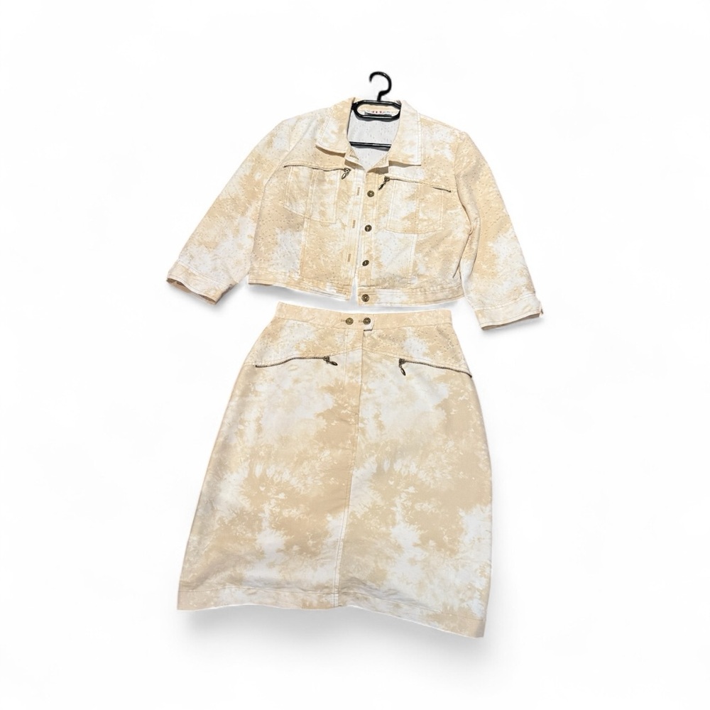 Vintage 90s Bleached Denim Jacket & Midi Skirt Set Y2K Coquette Neutral